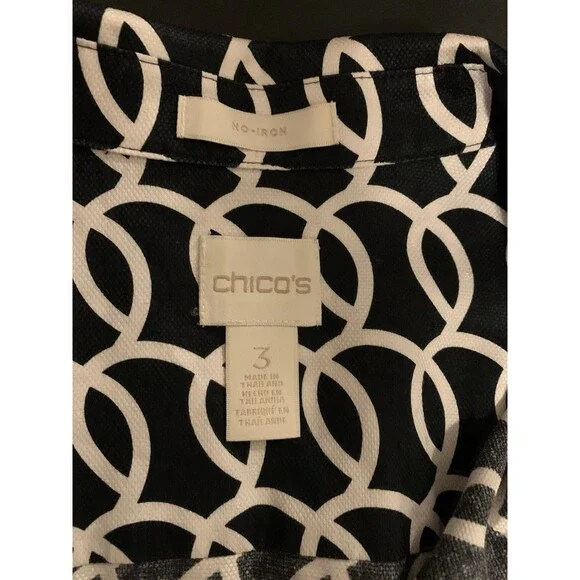 Chicos Size 3 Womens XL No Iron Shirt Black White Button Up 100% Cotton - Picture 3 of 7